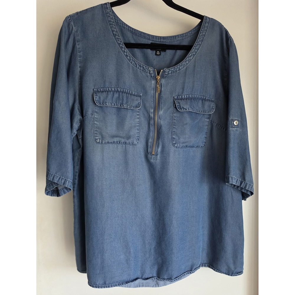 Jones New York Signature Women XL Blue Short Sleeve Top Blouse Shirt Tunic
